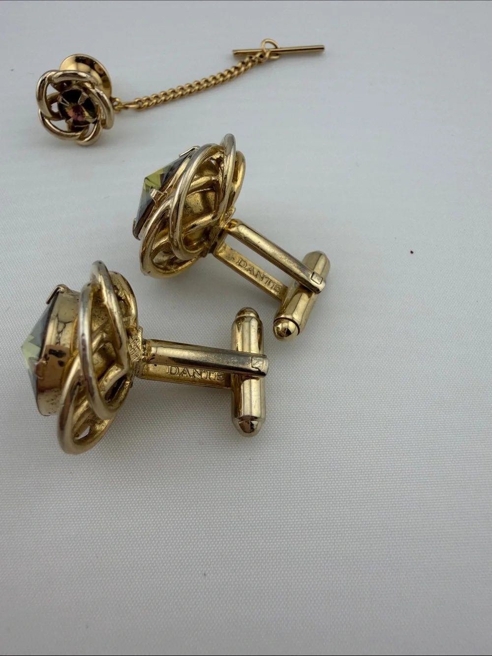 Vintage Gold-Tone Iridescent Crystal Cufflinks and Tie Pin Set by Dante